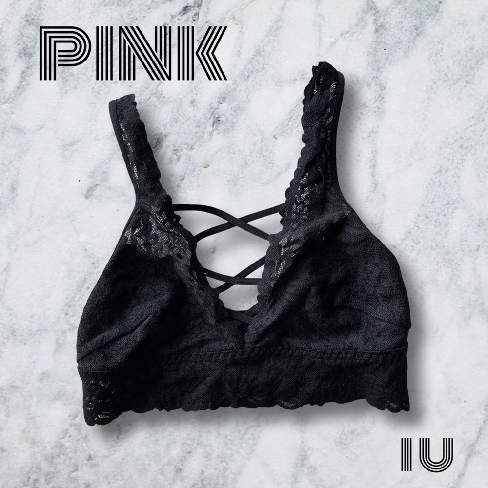 PINK black lace bralette-XS